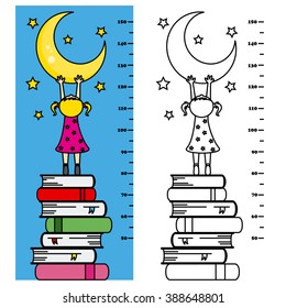 meter wall. Girl rise to the books trying to catch the moon
