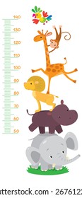 Meter wall or height meter from 50 to 120 centimeter with giraffe and monkey, parrot and lion, hippo and elephant