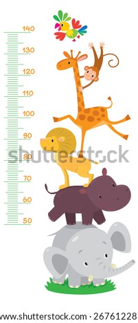 Meter wall or height meter from 50 to 120 centimeter with giraffe and monkey, parrot and lion, hippo and elephant