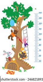 Meter wall or height meter with big tree and funny rabbit, piglet, owl and bear with balloon