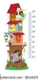 Meter wall or height chart with big fairy tree and funny birds, owl, chicken, hen, stork. With scale to measure growth. Children vector illustration.