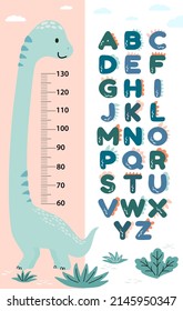 Meter wall or height chart with cute dinosaur alphabet. Vector illustration. Children's poster. Decor for a children's playroom.