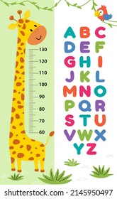 Meter wall or height chart with cute giraffe alphabet. Vector illustration. Children's poster. Decor for a children's playroom.