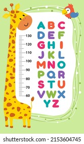 Meter wall or height chart with cute giraffe alphabet. Vector illustration. Children's poster. Decor for a children's playroom.