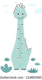 Meter wall or height chart with cute dinosaur. Children's poster. Decor for a children's playroom. Cute vector illustration in flat cartoon style.