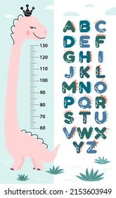 Meter wall or height chart with dinosaur princess alphabet. Children's poster. Decor for a children's playroom. Cute vector illustration in flat cartoon style.