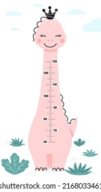 Meter wall or height chart with dinosaur princess. Children's poster. Decor for a children's playroom. Cute vector illustration in flat cartoon style.