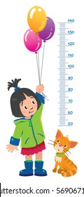 Meter wall or height chart of girl in green coat and rubber boots with balloons and funny cat beside him. Children vector illustration with a Height scale from 50 to 140 centimeters to measure growth