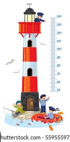 Meter wall or height chart. Lighthouse building, with keeper in uniform on top, fisher man and sailor on the ground, waving to another sailor in the boat. Childrens vector illustration