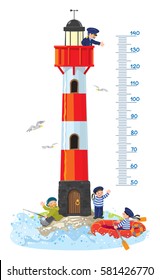 Meter wall or height chart. Lighthouse building, with keeper in uniform on top, fisher man and sailor on the ground, waving to another sailor in the boat. Childrens vector illustration