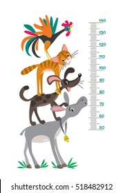 Meter wall or height meter with funny Bremen Town Musicians. Height chart or wall sticker. Childrens vector illustration with scale from 50 to 140 centimeter.