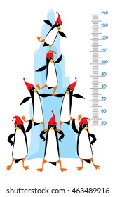 Meter Wall Or Height Meter Of Funny Penguins In Beanie Or Cap With Pompom Or Bobble, Near The Ice Rock. Children Vector Illustration With A Scale To Measure Growth. Height Chart