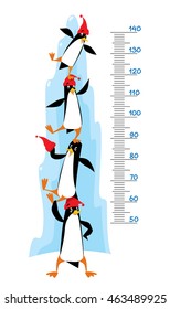 Meter Wall Or Height Meter Of Funny Penguins In Beanie Or Cap With Pompom Or Bobble, Near The Ice Rock. Children Vector Illustration With A Scale To Measure Growth. Height Chart