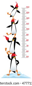 Meter Wall Or Height Meter Of Funny Penguins In Beanie Or Cap With Pompom Or Bobble, Near The Ice Rock. Children Vector Illustration With A Scale To Measure Growth. Height Chart