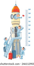 Meter wall or height meter with rocket and four small smiley boys-astronauts. Children vector illustration