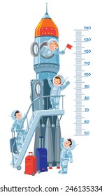 Meter wall or height meter with rocket and four small smiley boys-astronauts. Children vector illustration