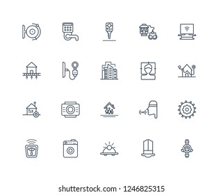 Meter, Windows, Sensor, Washer machine, Socket, smart Television, Face scan, Household, Home automation, Light, Car key outline vector icons from 20 set