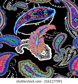 A metered pattern suitable for textiles consisting of flowers and paisley objects