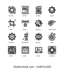 Metering, Paint palette, Zoom out, Aspect, Timer, Shutter, Crop, Settings, Laptop, Noise, Sd card icon 16 set EPS 10 vector format. Icons optimized for both large and small resolutions.