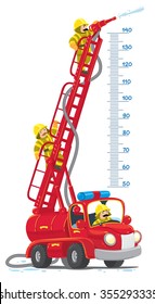 Meterwall or height meter with funny red old-styled toy fire truck or firemachine with the raised folding ladder and three small fireman. Children vector illustration.