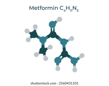 Metformin molecule isolated on white background. A chemical model of a drug for the treatment of diabetes mellitus. Vector hand drawn clipart.