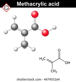Methacrylic acid molecule, 2d and 3d illustration of chemical structure, vector isolated on white background, eps 8