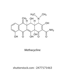 Methacycline flat skeletal molecular structure Tetracycline antibiotic drug used in bacterial infection treatment. Vector illustration scientific diagram.
