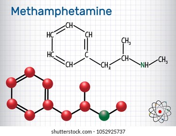 Methamphetamine (crystal Meth, C10H15N) Molecule. Structural Chemical Formula And Molecule Model. Sheet Of Paper In A Cage.Vector Illustration