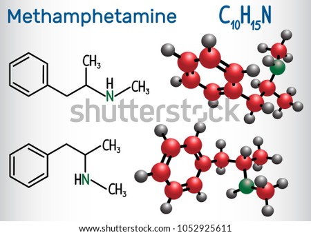Methamphetamine (crystal meth, C10H15N) molecule, is a potent central nervous system stimulant. Structural chemical formula and molecule model. Vector illustration