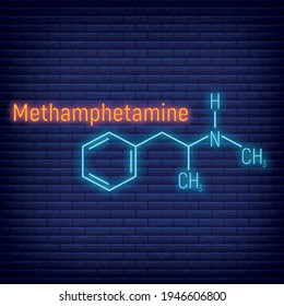 Methamphetamine glow neon style concept chemical formula icon label, text font vector illustration, isolated on wall background. Periodic element table, addictive drug stuff.