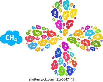 Methane cloud icon colorful rotation fireworks composition. Object flower composed from scattered methane cloud icons. Vector flower icon collage in flat style.