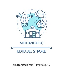 Methane concept icon. CH4 abstract idea thin line illustration. Food and green waste. Emission by human activities. Livestock raising. Vector isolated outline color drawing. Editable stroke