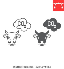 Methane emission from cow line and glyph icon, climate change and ecology, cow ch4 vector icon, vector graphics, editable stroke outline sign, eps 10.