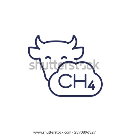 methane emissions from cattle, ch4 gas line icon with a cow