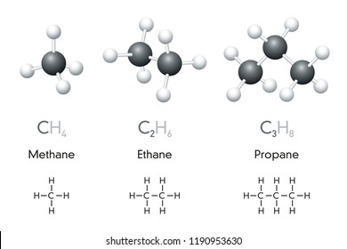 Methane, ethane, propane. Molecule ball-and-stick models and chemical formulas. Organic chemical compounds. Natural gas. Geometric structures and structural formulas. Illustration over white. Vector.