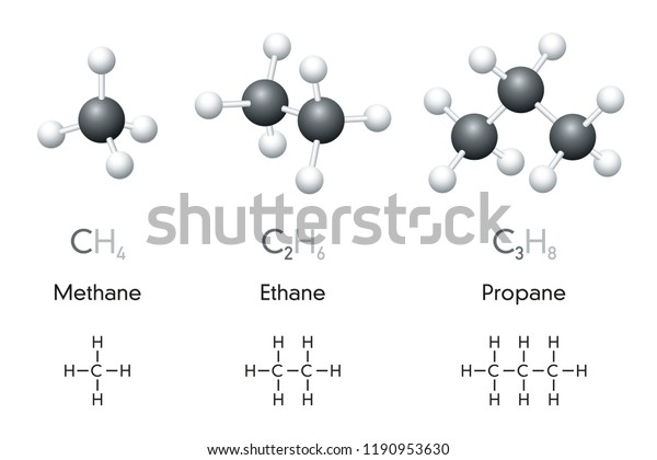Methane, ethane, propane. Molecule ball-and-stick\
models and chemical formulas. Organic chemical compounds. Natural\
gas. Geometric structures and structural formulas. Illustration\
over white. Vector.