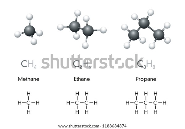 Methane, ethane, propane molecule models and\
chemical formulas. Organic chemical compounds. Natural gas.\
Ball-and-stick model, geometric structure, structural formula.\
Illustration over white.\
Vector.