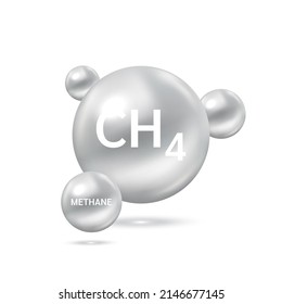 Methane gas molecule models and Physical chemical formulas. Natural gas combustible gaseous fuel. Ecology and biochemistry science concept. Isolated on white background. 3D Vector Illustration.