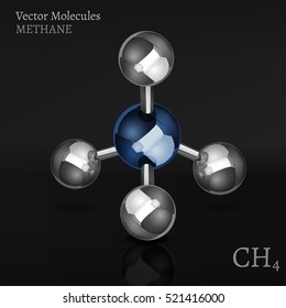 Methane molecule in 3D style. CH4 vector illustration isolated on a dark grey background. Scientific, educational and popular-scientific concept.