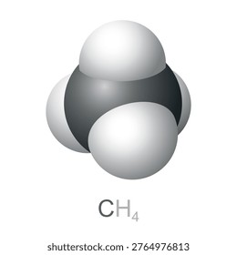 Methane molecule, CH4, space-filling model. Chemical compound of a carbon atom bonded to four hydrogen atoms. It is a group-14 hydride, the simplest alkane, and main constituent of natural gas. Vector