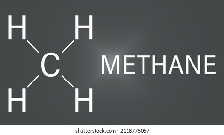 Methane natural gas molecule. Main component of natural gas and LNG, liquefied natural gas, and biogas, produced by fermentation. Skeletal formula.