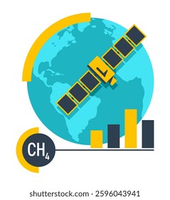 Methane-detecting satellite - monitoring instrument that measures CH4 in atmosphere and produces a global map of methane concentrations. Illustration or emblem in flat geometric style 