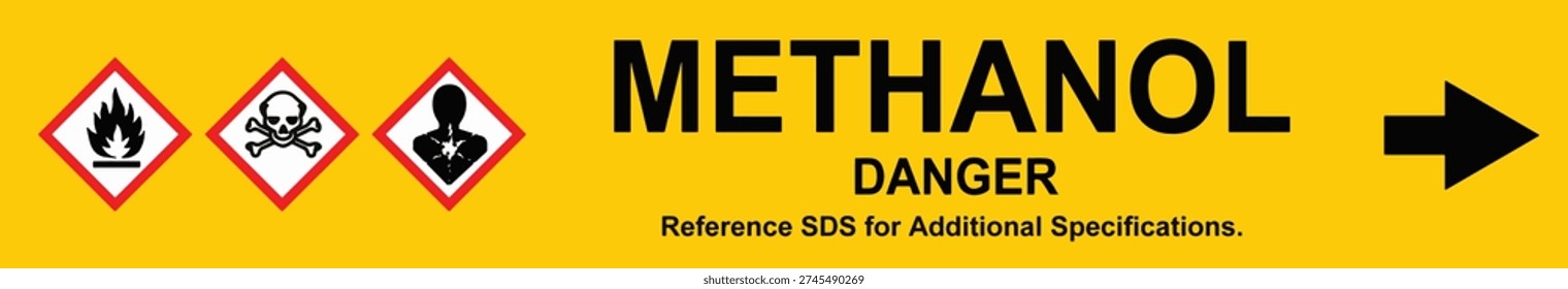 Methanol danger label with flammable, toxic and health hazard symbols, used for safety identification and hazard warning.