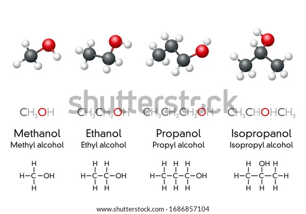Methanol, ethanol, propanol and isopropanol,\
molecular models and chemical formulas of alcohol compounds.\
Chemicals, used as fuel, antiseptic, disinfectant or cleaning\
agent. Illustration.\
Vector.