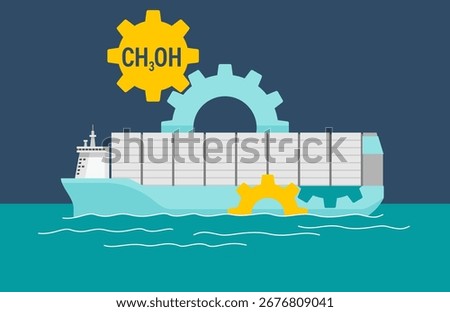 Methanol-powered vessel - innovative technology for shipping. Vector illustration for article or report