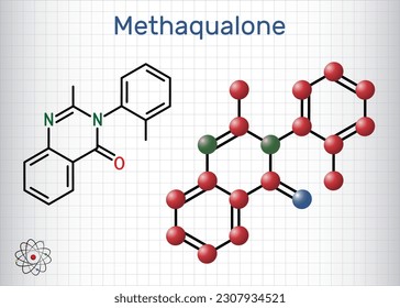 Methaqualone molecule. It is sedative, hypnotic drug, used to treat insomnia. Vector illustration