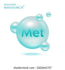 Methionine (Met) amino acid capsules vitamins complex minerals. 3D Model of molecule blue isolated on white background. For food supplement ad package design. Science medic concept. Vector EPS10.