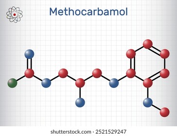 Methocarbamol-Arzneimittelmolekül. Es wird für kurzfristige Muskel-Skelett-Schmerzen verwendet. Molekülmodell. Blatt Papier in einem Käfig. Vektorgrafik
