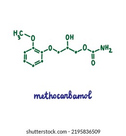 Methocarbomol Hand Drawn Vector Formula Chemical Structure Lettering Blue Green Rheumatoid Arthritis Medication