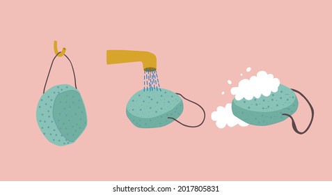 The method of application of the sponge for washing the face. The concept of home skin care on a pink pastel background. The EPS10 vector.